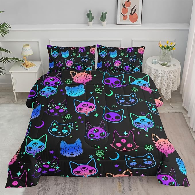 Axolotl Cat Comforter Set Twin,Kawaii Trippy Cat Moon Stars Bedding Set with 1 Comforter 2 Pillowcases for Kids Boys Girls Teens Adults Room Decor All Season,Colorful Neon Trippy Bed Set - LeafyLoom