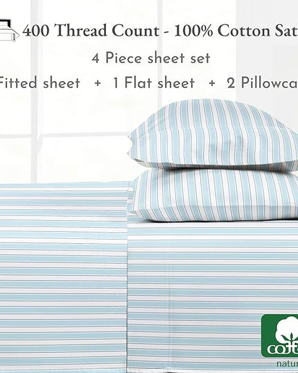 California Design Den Striped Bed Sheets Full Size, 4 Piece 100% Cotton Sheets Set Luxury 400 Thread Count Sateen, Deep Pocket Full Sheets Printed Pattern (Cape Stripe) - LeafyLoom