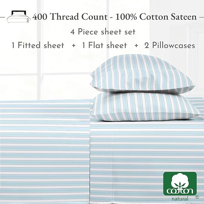 California Design Den Striped Bed Sheets California King Size, 4 Piece 100% Cotton Sheets Set Luxury 400 Thread Count Sateen, Deep Pocket California King Sheets Printed Pattern (Cape Stripe) - LeafyLoom