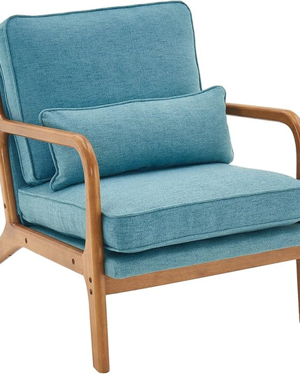 Bonnlo LinenTeal Mid Century Modern Accent Chair, Soild Wood Padding Lounge Armchairs Side Sitting Chairs for Living Room, Bedroom, Guest Room - LeafyLoom