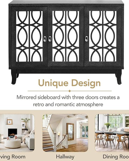 Multifunctional Sideboard with Glass, Vintage 3 Door Mirrored Buffet Cabinet,W/Silver Handle,Easy to Assemble,Console Table for Living Room Hallway Entryway,Black, 47.2" - LeafyLoom