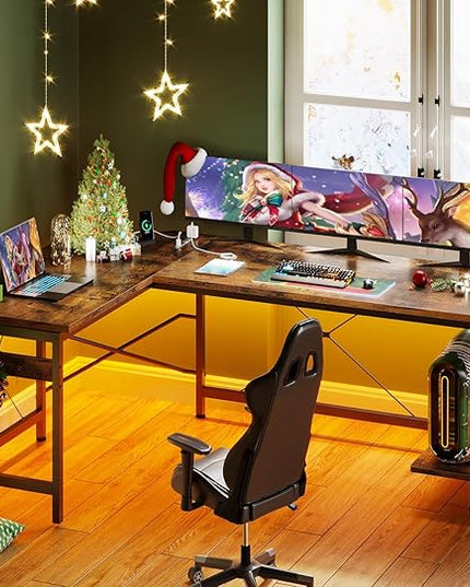 Coleshome 59" L Shaped Gaming Desk with Outlet, L Shaped Desk with CPU Stand, Corner Computer Desk, Home Office Desk, Writing Desk, Vintage - LeafyLoom