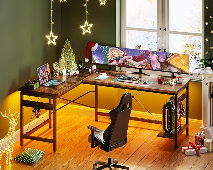 Coleshome 59" L Shaped Gaming Desk with Outlet, L Shaped Desk with CPU Stand, Corner Computer Desk, Home Office Desk, Writing Desk, Vintage - LeafyLoom