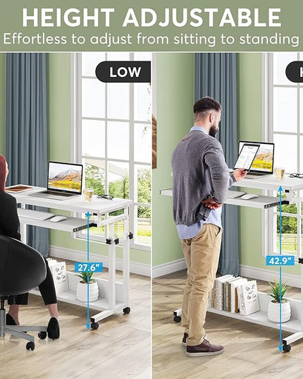 Tribesigns Portable Desk for Sofa and Bed, Height Adjustable Mobile Laptop Table Small Standing Desk Rolling Computer Cart with Keyboard Tray on Wheels for Home Office (White) - LeafyLoom