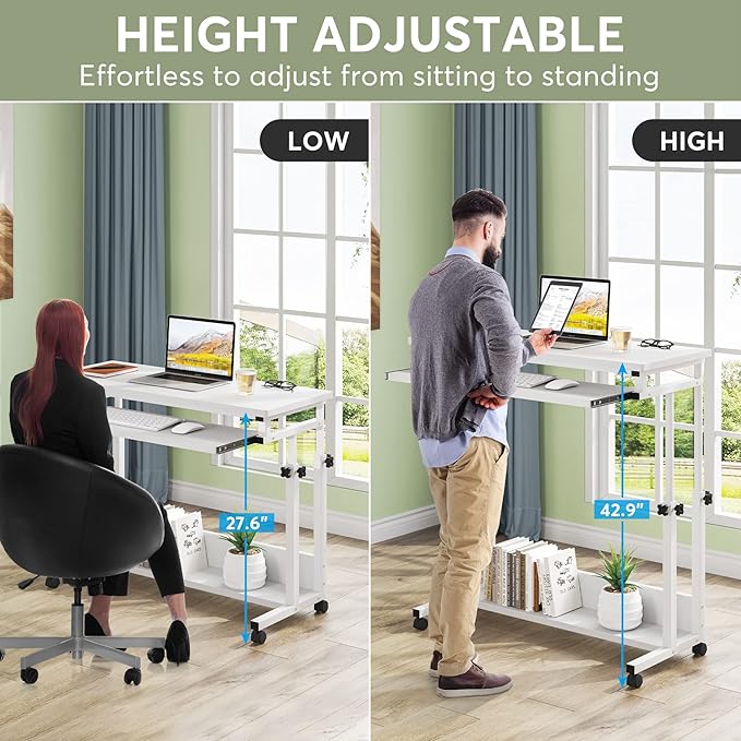 Tribesigns Portable Desk for Sofa and Bed, Height Adjustable Mobile Laptop Table Small Standing Desk Rolling Computer Cart with Keyboard Tray on Wheels for Home Office (White) - LeafyLoom