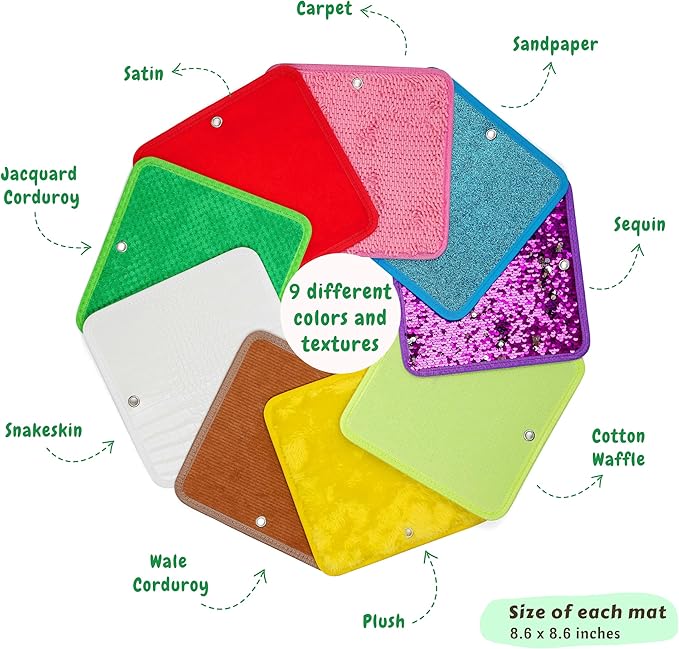 Sensory Mat Set - 9 Square 8.6-Inch Sensory Tiles for Sensory Wall, Floor & More - Mixed Colors & Textures Provide Fun Play-Based Learning for Kids Ages 3-8 - Includes Sensory Maze & Storage Bag - LeafyLoom