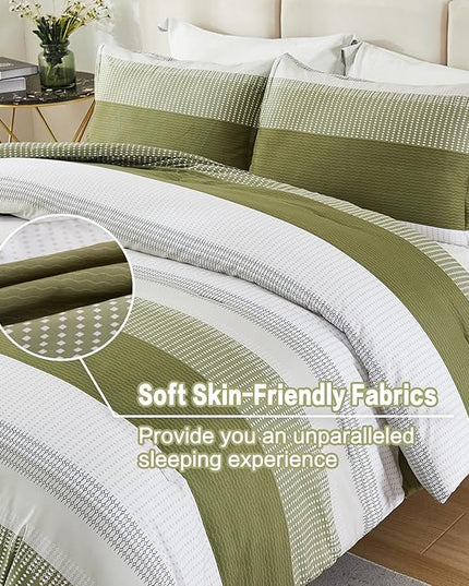 Litanika Olive Green Comforter Set Queen - 3 Pieces Lightweight Olive Green White Colorblock Stripe Fluffy Bedding Comforter Sets, All Season Bed Set - LeafyLoom