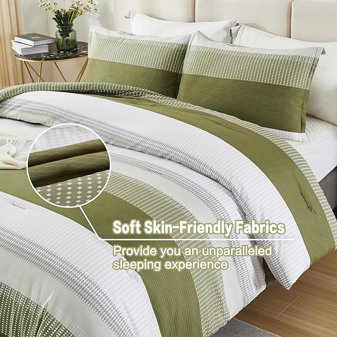 Litanika Olive Green Comforter Set King - 3 Pieces Lightweight Olive Green White Colorblock Stripe Fluffy Bedding Comforter Sets, All Season Bed Set - LeafyLoom