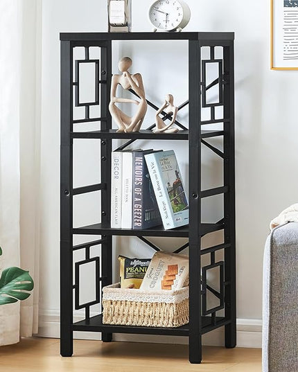 Bookshelf, Vintage Industrial 4 Tier Bookshelf, Freestanding Narrow Bookcase with Rustic Wood and Metal, Small Bookshelf for Home Office, Bedroom & Living Room, Black - LeafyLoom