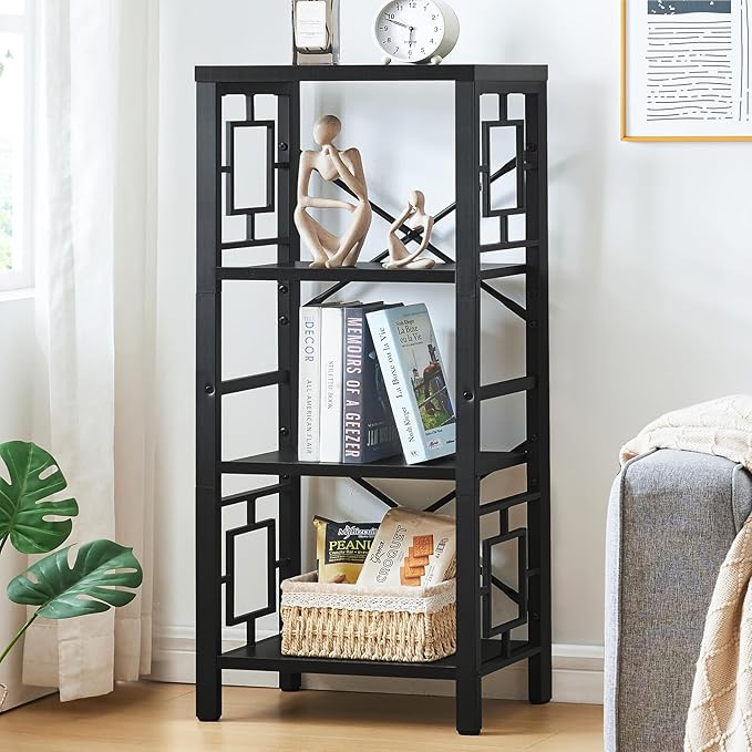 Bookshelf, Vintage Industrial 4 Tier Bookshelf, Freestanding Narrow Bookcase with Rustic Wood and Metal, Small Bookshelf for Home Office, Bedroom & Living Room, Black - LeafyLoom