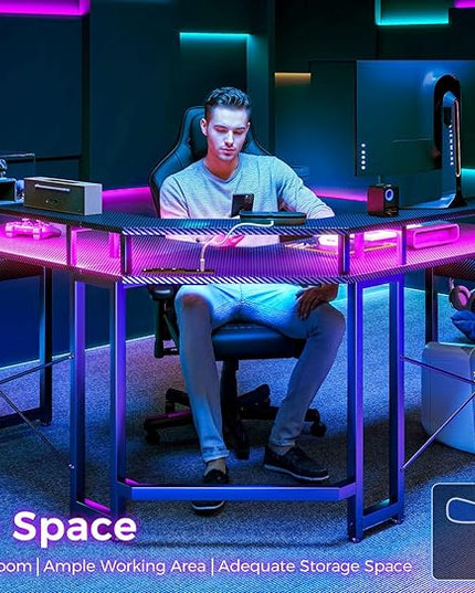 ODK L Shaped Gaming Desk with LED Lights & Power Outlets, 50.8" Computer Desk with Full Monitor Stand, Corner Desk with Cup Holder, Gaming Table with Hooks, Black Carbon Fiber - LeafyLoom