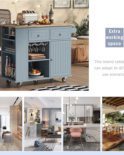 Kitchen Island with Power Outlet,Drop Leaf and Rubber Wood,Open Storage & Wine Rack,Storage Cart with 5 casters,w/Adjustable Storage for Home, Kitchen, and Dining Room, Grey Blue - LeafyLoom