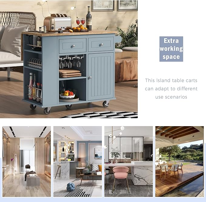 Kitchen Island with Power Outlet,Drop Leaf and Rubber Wood,Open Storage & Wine Rack,Storage Cart with 5 casters,w/Adjustable Storage for Home, Kitchen, and Dining Room, Grey Blue - LeafyLoom