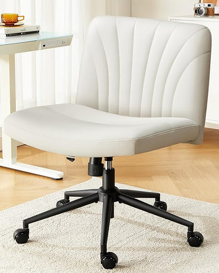 Marsail Criss Cross Chair with Wheels: PU Leather Cross Legged Office Chair Wide Armless Desk Chair Swivel Height Adjustable Vanity Chair for Make Up,Small Space,Bed Room(Light Beige) - LeafyLoom