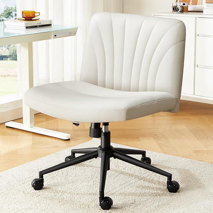 Marsail Criss Cross Chair with Wheels: PU Leather Cross Legged Office Chair Wide Armless Desk Chair Swivel Height Adjustable Vanity Chair for Make Up,Small Space,Bed Room(Light Beige) - LeafyLoom