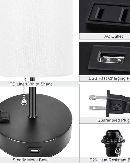 3 Color Temperature Bedside Table Lamps Set of 2, Modern Small Lamp with USB and Outlet, Bedroom Lamp for Nightstand with Chain Switch, White Desk Lamp for Living Room, Two Bulbs Included - LeafyLoom