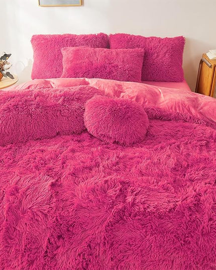 Fluffy Faux Fur hot pink Comforter Cover Set Queen - Ultra Soft Plush hot pink Bedding Sets 3 Pieces (1 fluffy duvet cover + 2 Faux Fur Pillow case) Cute hot pink Bed Set (Hot pink, Queen) - LeafyLoom