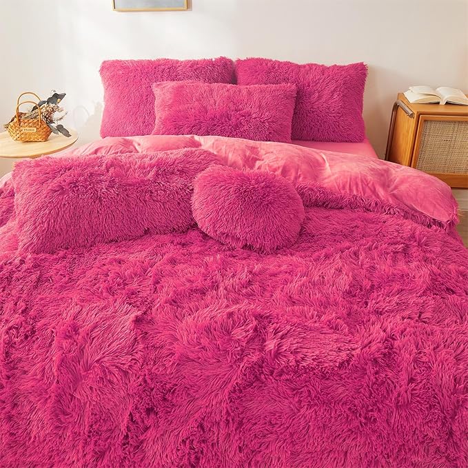Fluffy Faux Fur hot pink Comforter Cover Set Queen - Ultra Soft Plush hot pink Bedding Sets 3 Pieces (1 fluffy duvet cover + 2 Faux Fur Pillow case) Cute hot pink Bed Set (Hot pink, Queen) - LeafyLoom