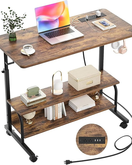 Height Adjustable Standing Desk with Power Outlets, 32" Manual Stand Up Desk with Storage Shelves Small Mobile Rolling Computer Desk Portable Laptop Table with Wheels for Home Office, Rustic - LeafyLoom