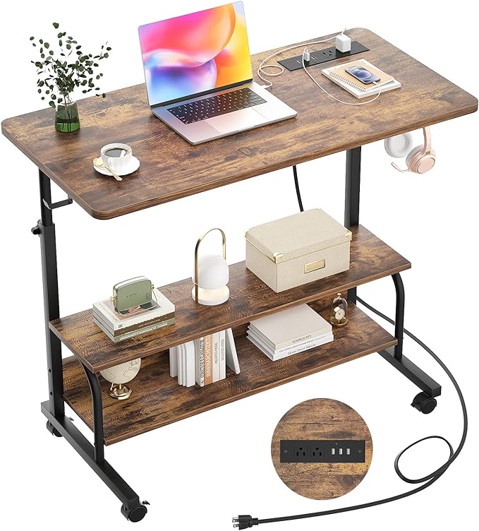 Height Adjustable Standing Desk with Power Outlets, 32" Manual Stand Up Desk with Storage Shelves Small Mobile Rolling Computer Desk Portable Laptop Table with Wheels for Home Office, Rustic - LeafyLoom