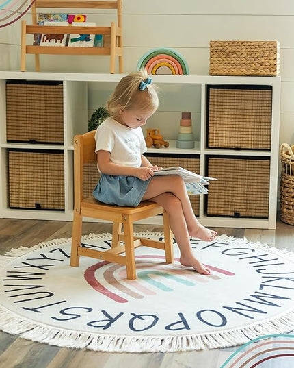 Round ABC Rug for Kids Playroom - 4ft Lovely Boho Rainbow Rug, Ultra Soft & Non Slip - Alphabet Circle Area Carpet for Nursery Toddler Baby Room - Colorful Cute Decor Mat for Girl & Boy, 47 inch - LeafyLoom