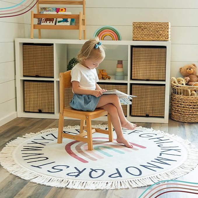 Round ABC Rug for Kids Playroom - 4ft Lovely Boho Rainbow Rug, Ultra Soft & Non Slip - Alphabet Circle Area Carpet for Nursery Toddler Baby Room - Colorful Cute Decor Mat for Girl & Boy, 47 inch - LeafyLoom