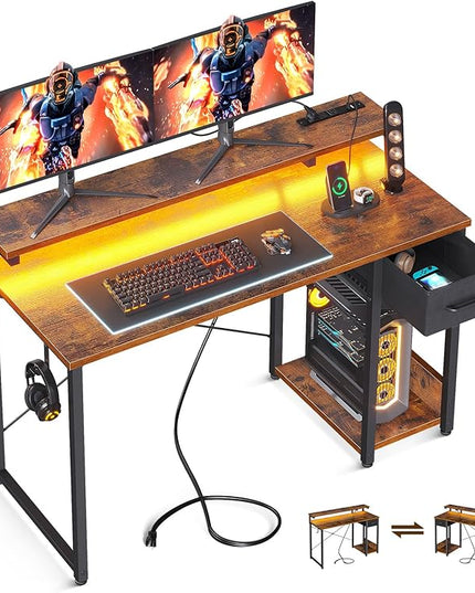 AODK Gaming Desk with LED Lights & Power Outlet, 48 Inch Computer Desk with Drawer, Reversible Desk with Adjustable Monitor Shelf & Headphone Hook for Home Office, Rustic Brown - LeafyLoom
