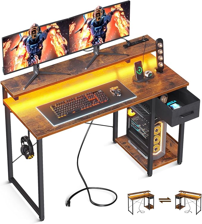 AODK Gaming Desk with LED Lights & Power Outlet, 48 Inch Computer Desk with Drawer, Reversible Desk with Adjustable Monitor Shelf & Headphone Hook for Home Office, Rustic Brown - LeafyLoom