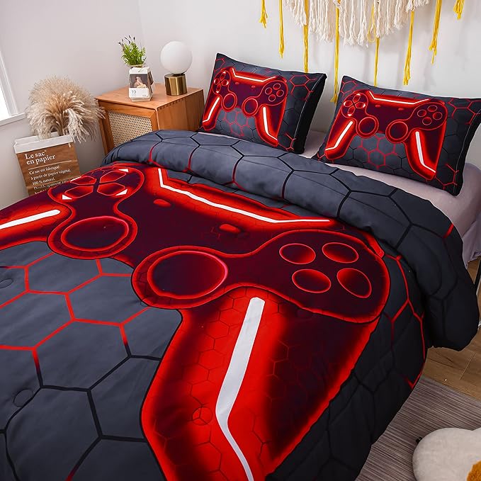 NTBED Game Console Comforter Set for Boys Girls Kids Geometric Lightweight Microfiber Bedding Sets (red, Full) - LeafyLoom