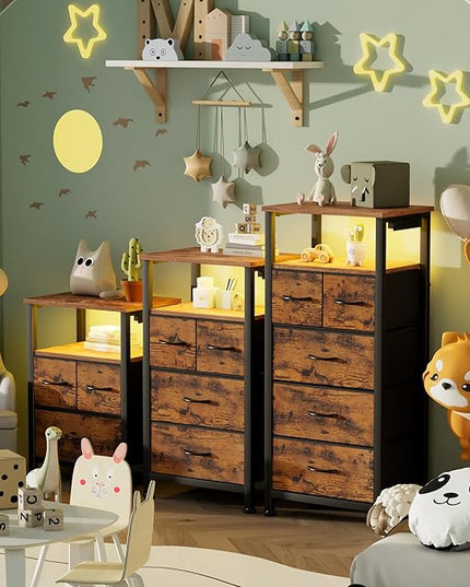 Furnulem 4 Drawer Night Stand with Charging Station, Small Dresser with Led Light, 33 Inch Bedside Table with Wood Shelf and Fabric Bins, Tall Nightstand for Entryway, Bedroom Furniture, Rustic Brown - LeafyLoom