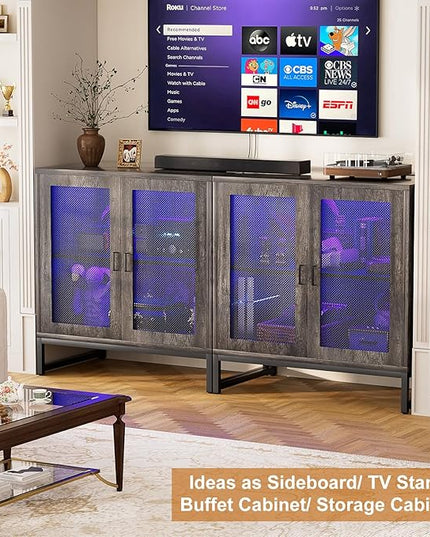 Aheaplus Sideboard Buffet Cabinet with Power Outlet, Accent Cabinet with Storage & LED Lights, Small Storage Cabinet Cupboard Console Cabinet for Kitchen, Hallway, Entryway, Living Room, Grey Oak - LeafyLoom