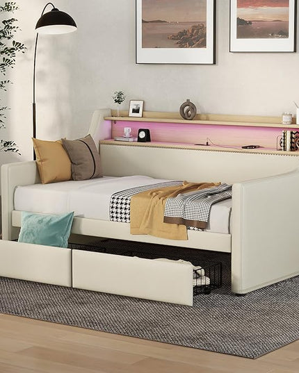 Twin Size Daybed with 2 Storage Drawers, Upholstered Daybed with Charging Station and LED Lights, Twin Size Day Bed Frame for Living Room, Bedroom, Beige - LeafyLoom