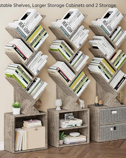 Vagusicc 6 Tier Tree Bookshelf, Modern Floor Standing Bookcase with Storage Drawer, Space Saving Storage Organizer Book Shelves for Books, Tall Wood Storage Rack for Bedroom/Living Room/Home Office - LeafyLoom