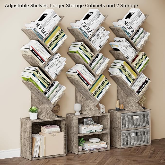 Vagusicc 6 Tier Tree Bookshelf, Modern Floor Standing Bookcase with Storage Drawer, Space Saving Storage Organizer Book Shelves for Books, Tall Wood Storage Rack for Bedroom/Living Room/Home Office - LeafyLoom