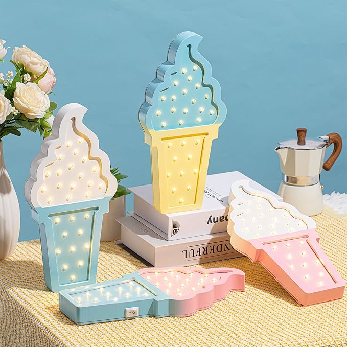 4 Pcs Ice Cream Party Decorations Ice Cream Night Light Ice Cream LED Atmosphere Light Wooden Ice Cream Wall Light Ice Cream Lamp Romantic Ice Cream Party Decor Battery Operated - LeafyLoom