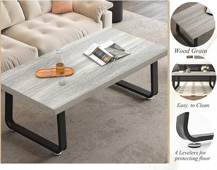 HSH Industrial Coffee Table, Modern Minimalist Center Table, Wooden Rectangle Living Room Table for Small Space, Farmhouse Wood and Metal Tea Table for Home Bedroom Office, Light Grey Oak, 47 in - LeafyLoom