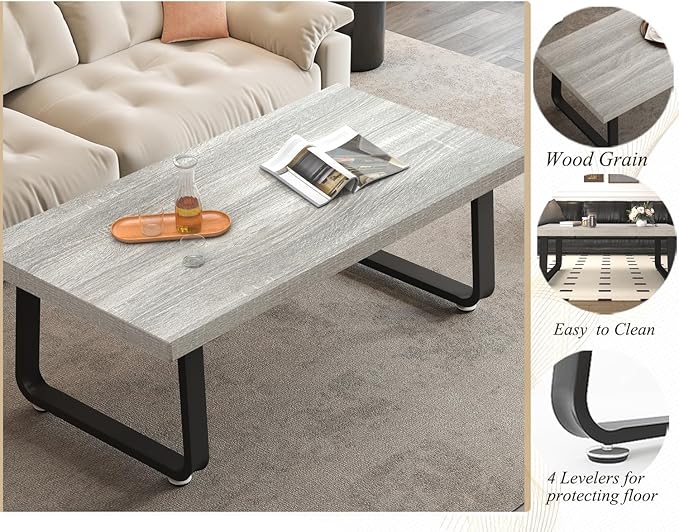 HSH Industrial Coffee Table, Modern Minimalist Center Table, Wooden Rectangle Living Room Table for Small Space, Farmhouse Wood and Metal Tea Table for Home Bedroom Office, Light Grey Oak, 47 in - LeafyLoom