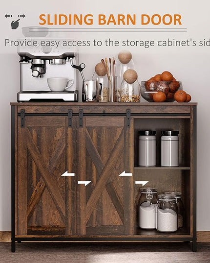 HOMCOM Industrial Farmhouse Buffet Cabinet, Kitchen Sideboard with Sliding Barn Doors, Three Drawers and Adjustable Shelves for Living Room, Rustic Brown - LeafyLoom