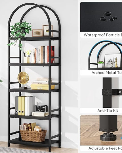 Tribesigns 5-Tier Open Bookshelf Set of 2, 74.4" Wood Bookcase Storage Shelves with Metal Frame, Freestanding Display Rack Tall Shelving Unit for Office, Bedroom, Living Room (Black, 2PCS) - LeafyLoom