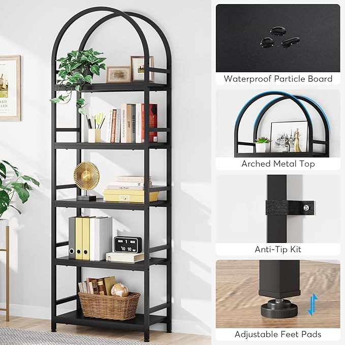 Tribesigns 5-Tier Open Bookshelf Set of 2, 74.4" Wood Bookcase Storage Shelves with Metal Frame, Freestanding Display Rack Tall Shelving Unit for Office, Bedroom, Living Room (Black, 2PCS) - LeafyLoom