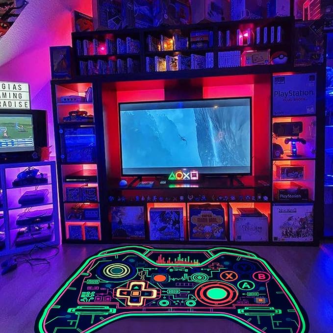 Gaming Rug Teen Boys Carpet Glow in The Blacklight Gamer Rug for Boys Room Playroom Non-Slip Area Rug Kids Boys Girls Game Room Casual Mat (60"x39") - LeafyLoom