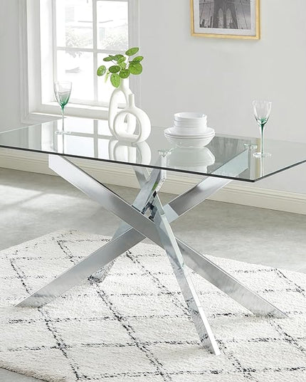 Edwin's Choice 58.5” Rectangle Glass Dining Table, Tempered Glass Tabletop and Metal Tubular Legs, Modern Style Table for Home, Kitchen, Dining Room 58.5”Lx29”Wx30”H, Silver - LeafyLoom