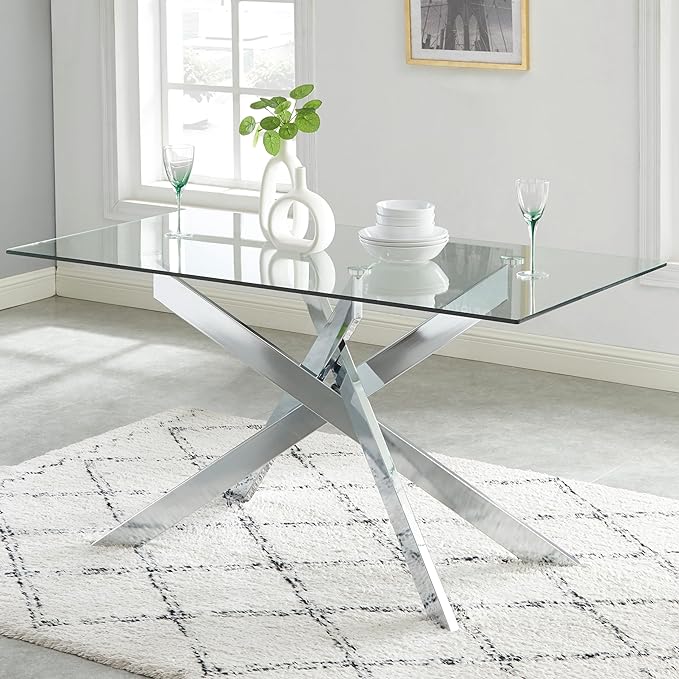 Edwin's Choice 58.5” Rectangle Glass Dining Table, Tempered Glass Tabletop and Metal Tubular Legs, Modern Style Table for Home, Kitchen, Dining Room 58.5”Lx29”Wx30”H, Silver - LeafyLoom