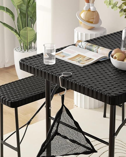 VECELO Dining Table Set for 4, Faux Rattan Card Folding Dinette for Small Space with 2 Benches, Kitchen/Breakfast Nook/Living Room, No Assembly, 3 Piece, Black - LeafyLoom