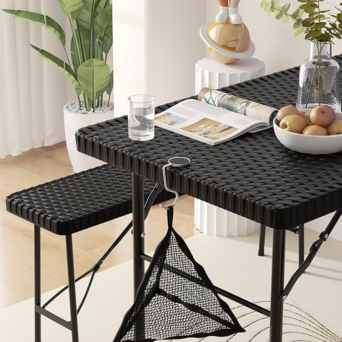 VECELO Dining Table Set for 4, Faux Rattan Card Folding Dinette for Small Space with 2 Benches, Kitchen/Breakfast Nook/Living Room, No Assembly, 3 Piece, Black - LeafyLoom