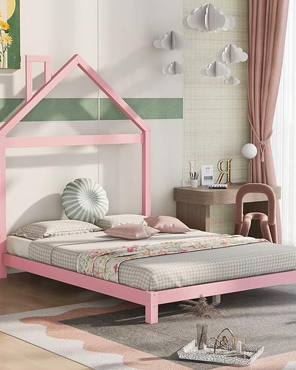 Jintop Full Size Wood Platform Chimney and House-Shaped Headboard,Bedroom Furniture Bed Frame W/ 10 Slat Support,Easy to Install,for Teens Kids Girls Boys,Pink - LeafyLoom