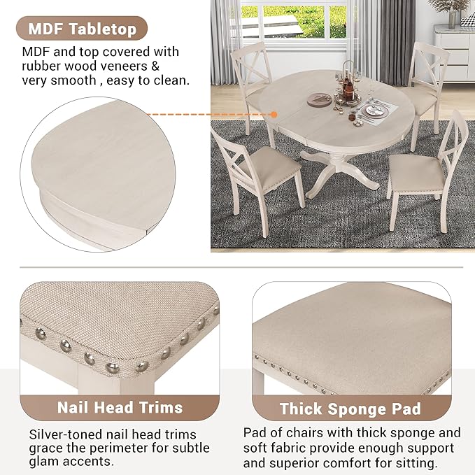 NicBex Round Dining Table Set for 4 Kitchen & Dining Room Tables Modern Dining Table Set for 4, Round Table and 4 Kitchen Room Chairs for Dining Room, Dinette, Breakfast Nook, Antique White - LeafyLoom