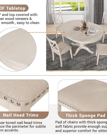 Merax Dining Table Set for 4,Retro Style Chairs with Solid Wood Legs for Kitchen Diningroom, Antique White - LeafyLoom