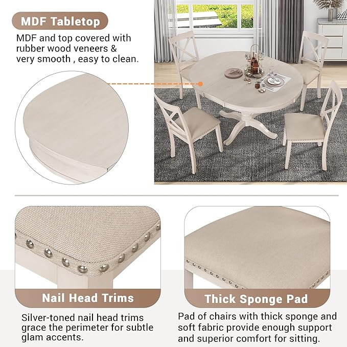 Merax Dining Table Set for 4,Retro Style Chairs with Solid Wood Legs for Kitchen Diningroom, Antique White - LeafyLoom