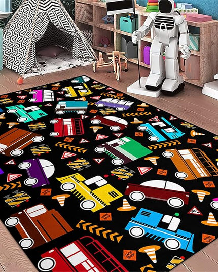Car Rug Play Mat Kids Rugs for Playroom Car Rug for Boys Room Kids Mat Construction Play Mat Car Play Rug Car Carpet for Kids Carpet for Bedroom Truck Rugs for Boys Room,Black 3'×5' - LeafyLoom